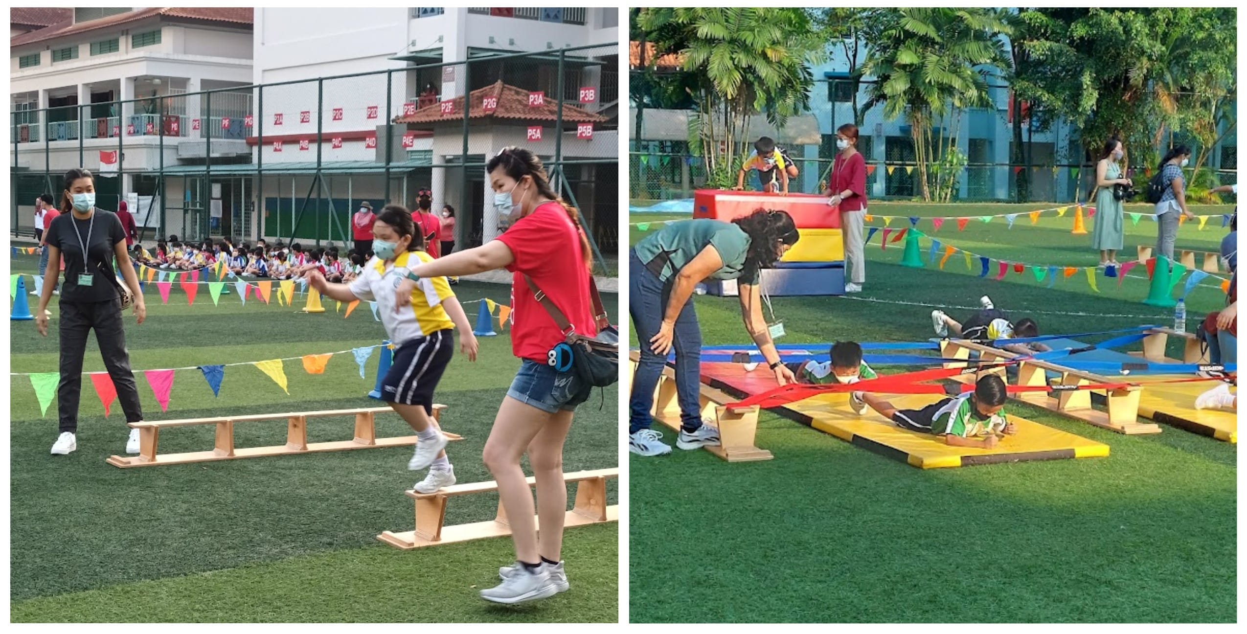 Children doing outdoor obstacle course activities on a school field, assisted by PV